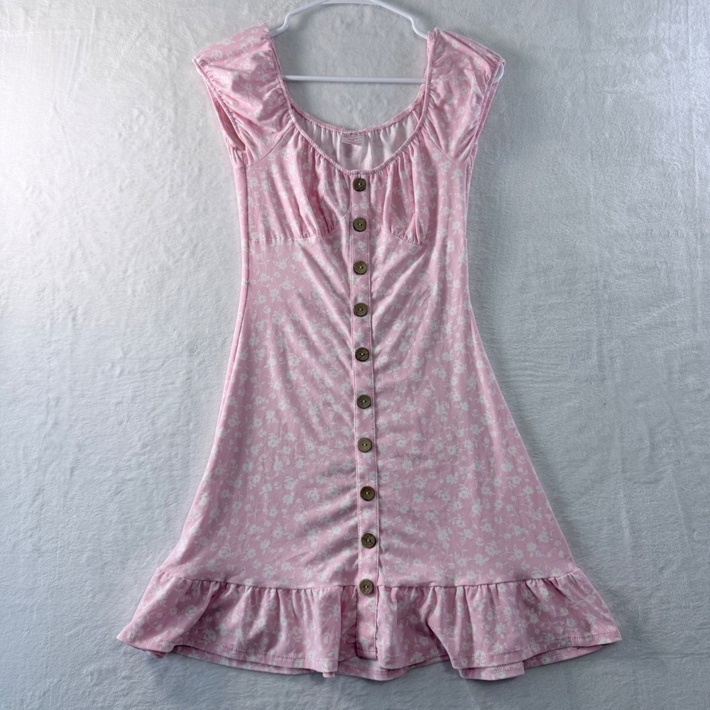 Pink Floral Mini Dress Button Front Ruffle Hem Women's XS Cottagecore Boho